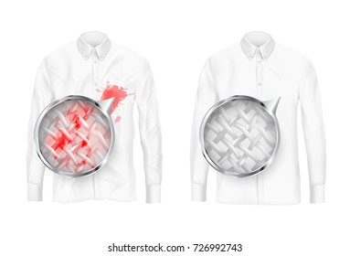 Pare of dirty and clean white shirts with magnifying glass showing fabrics fiber before and after washing or detergent use realistic vector isolated on white background. Clothing deep cleaning concept Pare of dirty and clean white shirts with magnifying glass showing fabrics fiber before and after washing or detergent use realistic vector isolated on white background. Clothing deep cleaning concept