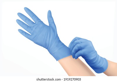 Pare of human hands in blue latex gloves used for personal protection realistic design concept vector illustration