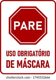 Pare Uso Obrigatorio De Mascara ("Stop Face Mask Required" in Portuguese) Vertical Instruction Icon with an Aspect Ratio of 3:4 and Rounded Corners. Vector Image.