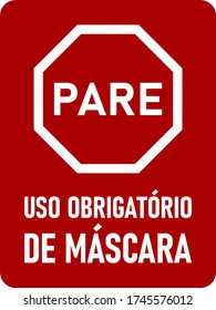 Pare Uso Obrigatorio De Mascara ("Stop Face Mask Required" in Portuguese) Vertical Instruction Icon with an Aspect Ratio of 3:4 and Rounded Corners. Vector Image.