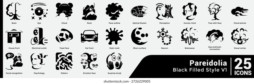 Pareidolia Concept Bundle offers 25 icons exploring perception, illusion, and imagination in creative visual design. Black Filled style.