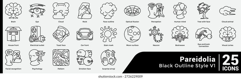 Pareidolia Concept Paquete ofrece 25 iconos que exploran la percepción, la ilusión y la imaginación en el diseño visual creativo. Estilo de línea.