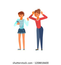 Conceito de conflito de Pai e Adolescente em design plano. Mãe repreende filha adolescente isolada sobre fundo branco. Ilustração vetorial eps 10
