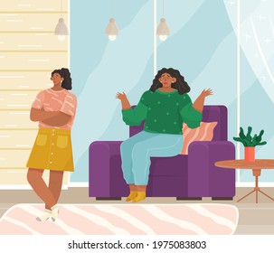 Parent adolescent conflict concept in flat design. Mother scolds daughter teeneger at home. Problem of upbringing kids. Family conflict, naughty rough daughter. Mom talks to disobedient girl