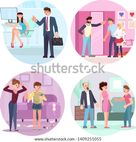 Parent Adolescent conflict concept in round design. Set of teens and parents in different situations. Flat Art Vector illustration