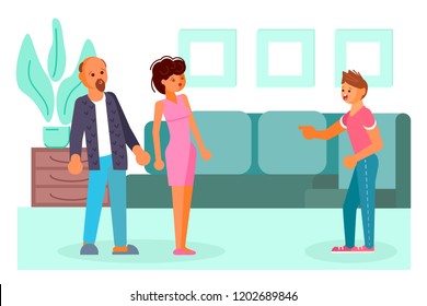 Parent Adolescent conflict concept. Son teenager in anger shouts at his father and mother. Vector illustration eps 10