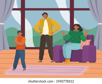 Parent adolescent conflict, problems of adults and children. Mother and father scold son at home