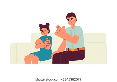 Parent anger to kid semi flat color vector characters. Strict asian father wagging finger to daughter. Editable half body people on white. Simple cartoon spot illustration for web graphic design