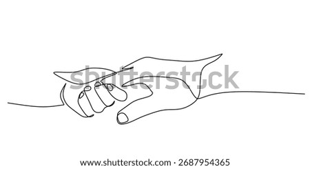 Parent and baby hands continuous line drawing. A small child's hand holding a parent's finger, hand drawn in minimalist style. Symbol of love, trust, and family connection.