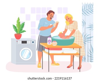 Parent bathing newborn baby flat vector illustration. Mom and dad caring toddler child. Cartoon family character at home bathroom. Happy parenting and childcare