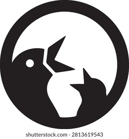 Parent bird feeding fledgling within circular frame during dawn symbolizes new beginnings growth and parental care. Ideal for concepts of family and nature.