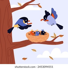 Parent birds feeding hungry chicks. This vector illustration captures the moment of care in the cycle of life with vibrant colors and a serene backdrop.