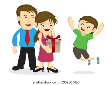 Parent brought a surprise present for their child. Concept of celebration. Isolated vector illustration.