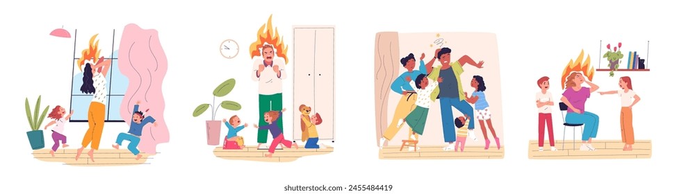 Parent burnout. Exhausted tired parents with difficult children, mad burn mom parental stress unhappy family problem, sad dad naughty kids in room, classy vector illustration of exhausted and tired