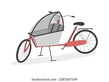 Bicicleta de carga primaria con dos ruedas y cubierta de lluvia, bicicleta de caja. Elegante dibujo animado realistas pasteles sobre fondo blanco.