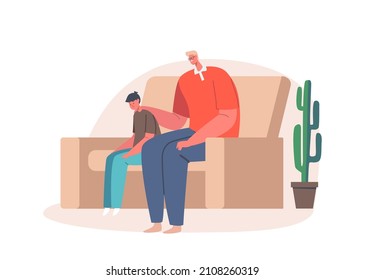 Parent Character Support Child. Father and Son Sitting on Sofa in Living Room Speak and Share Problems. Dad and Boy Talking, Confidential Relations, Parenting. Cartoon People Vector Illustration