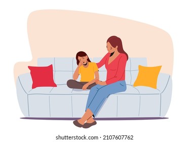 Parent Character Support Child. Mother and Daughter Sitting on Sofa in Living Room Speak and Share Problems. Mom and Girl Talking, Confidential Relations, Parenting. Cartoon People Vector Illustration