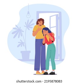 Parent Character Support Child. Mother Comforting And Hug Teenage Daughter In Living Room Mom And Girl Talking And Share Problems. Confidential Relations, Parenting. Cartoon People Vector Illustration