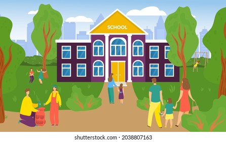 Parent character together back school with young children, urban academy city garden park flat vector illustration, knowledge day holiday.