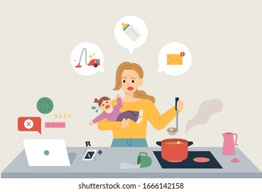 A parent character who does housework, takes care of children and does business. flat design style minimal vector illustration.