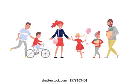 Parent Characters Walking with Their Children Vector Illustrations