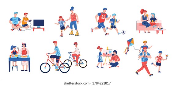 Parent and child activity set - cartoon mother and father playing with children isolated on white background. Happy family leisure time, vector illustration.