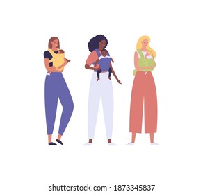 Parent with child in baby carrier. Vector flat people illustration set. Group of diverse female hold son or daughter. African american, caucasian, mixed ethic person. Concept of mother love and care.