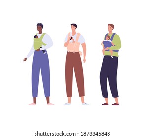 Parent with child in baby carrier. Vector flat people illustration set. Group of diverse men hold son or daughter. African american, caucasian, mixed ethic person. Concept of father love and care.