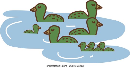 Parent and child birds swimming in the lake.