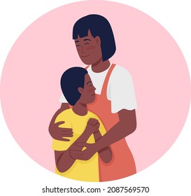 Parent and child bonding 2D vector isolated illustration. Smiling mother hugging teen son flat characters on cartoon background. Showing affection and support importance colourful scene