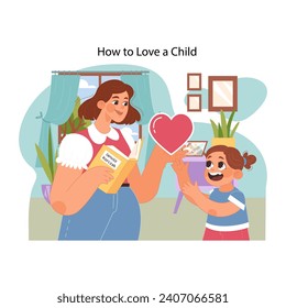 Parent child bonding concept. Mother giving parental love to daughter. Sharing wisdom from How to Love a Child book by Janusz Korczak. Moments of learning, caring, and heartwarming interaction