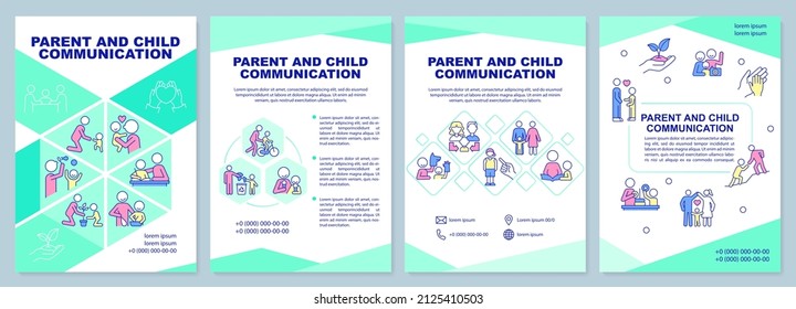 Parent and child communication green brochure template. Kid development. Leaflet design with linear icons. 4 vector layouts for presentation, annual reports. Arial-Black, Myriad Pro-Regular fonts used