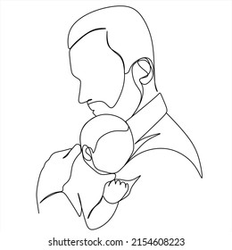 Parent with child in continuous one line drawing artistic style. Father's day card. Dad hugs his child. Happy fatherhood concept. Modern vector illustration
