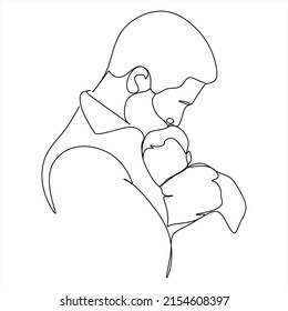 Parent with child in continuous one line drawing artistic style. Father's day card. Dad hugs his child. Happy fatherhood concept. Modern vector illustration