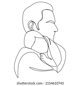 Parent with child in continuous one line drawing artistic style. Father's day card. Dad hugs his child. Happy fatherhood concept. Modern vector illustration