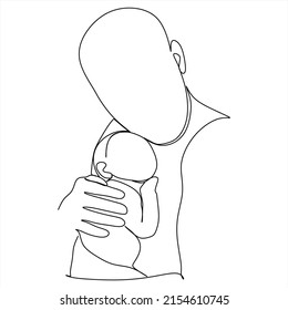 Parent with child in continuous one line drawing artistic style. Father's day card. Dad hugs his child. Happy fatherhood concept. Modern vector illustration