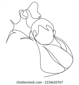 Parent with child in continuous one line drawing artistic style. Father's day card. Dad hugs his child. Happy fatherhood concept. Modern vector illustration