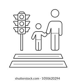 Parent and child crossing a sidewalk vector line icon isolated on white background. Child safety line icon for infographic, website or app. Parental care concept.