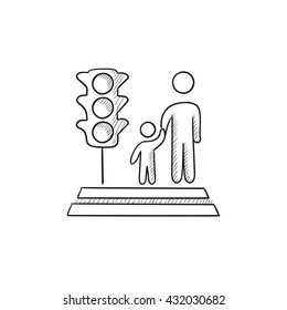 Parent and child crossing street vector sketch icon isolated on background. Hand drawn Parent and child crossing street icon. Parent and child crossing street icon for infographic, website or app.