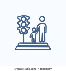 Parent and child crossing street vector sketch icon isolated on background. Hand drawn Parent and child crossing street icon. Parent and child crossing street icon for infographic, website or app.