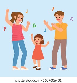 parent and child dancing together, mother, father and daughter love music illustration