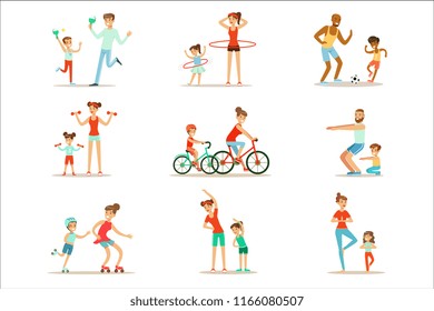 Parent And Child Doing Sportive Exercises And Sport Training Together Having Fun Set Of Scenes