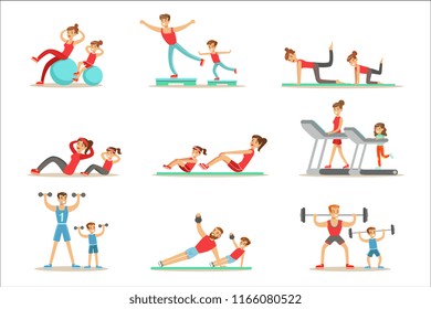 Parent And Child Doing Sportive Exercises And Sport Training Together Having Fun Series Of Scenes