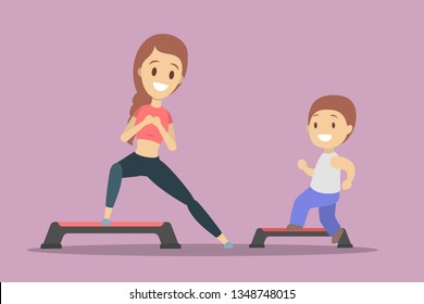 Parent and child doing workout in gym. Sport exercise and training. Healthy active lifestyle. Isolated flat vector illustration