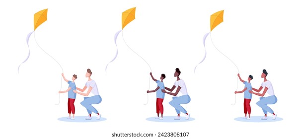 Parent and child fly a kite. Playing in the outdoor. Set of people with kids in different ethnicities playing with wind toy. Flat style vector illustration.