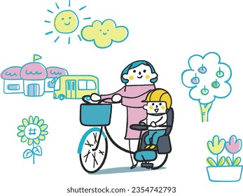 Parent and child going out or going to school by bicycle set illustration material	
