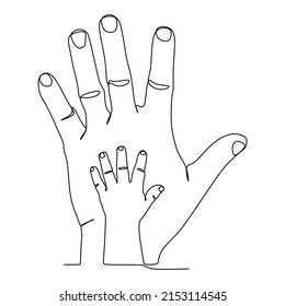 Parent and child hands continuous line drawing. Sign or symbol of hand gestures. One line draw of hand drawn style art doodle isolated on white background for family concept