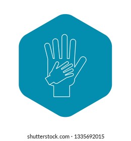 Parent and child hands together icon. Outline illustration of parent and child hands vector icon for web design