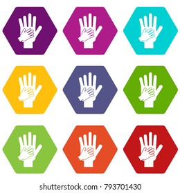 Parent and child hands together icon set many color hexahedron isolated on white vector illustration