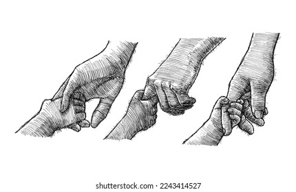 Parent and Child Holding Hand, Hand Drawn Illustration, Isolated Vector